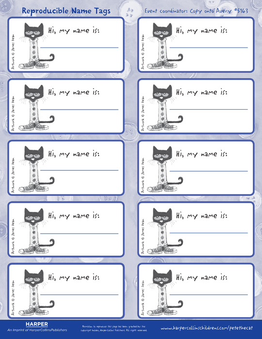 Pete the Cat and His Four Groovy Buttons: Name Tags